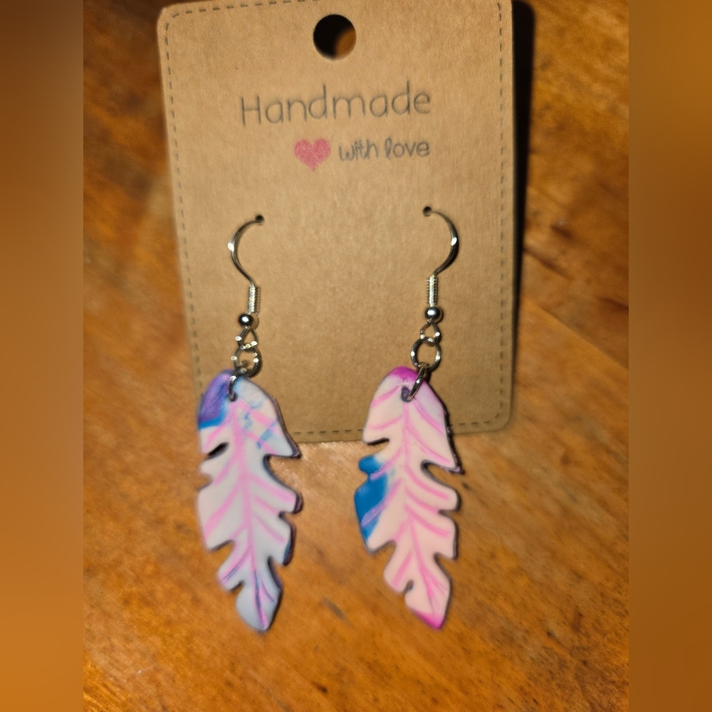 Pink & Blue Feather Earrings About 2" Long, Casual Everday Fashion Polymwr Clay